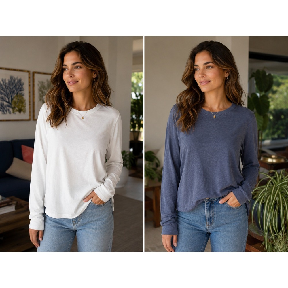 Quince Long Sleeve Tee Bundle Organic Cotton Slub Storm Blue White Relaxed M